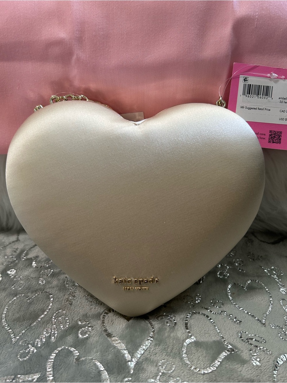 NWT Kate Spade NYC Pearl & Crystal Heart Bridal Clutch with Gold Chain- Ivory - Picture 7 of 12